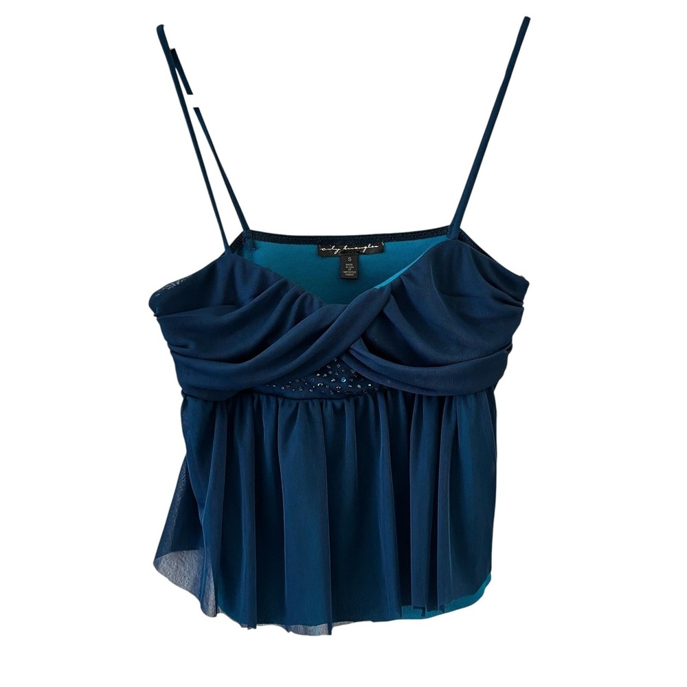 City Triangles Y2K Babydoll Cami Top S Teal Blue Whimsigoth Chiffon Rhinestone